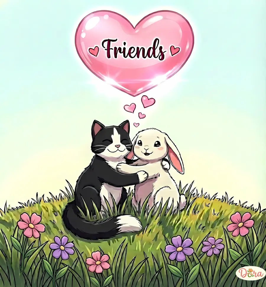 Dora's Cat and Bunny Friends artwork: a tuxedo cat and a floppy-eared bunny hugging in a flower meadow under a pink heart balloon that says Friends