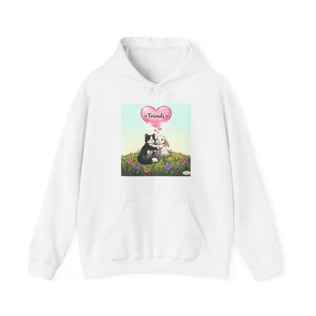 White hoodie with the Cat and Bunny Friends artwork on the chest
