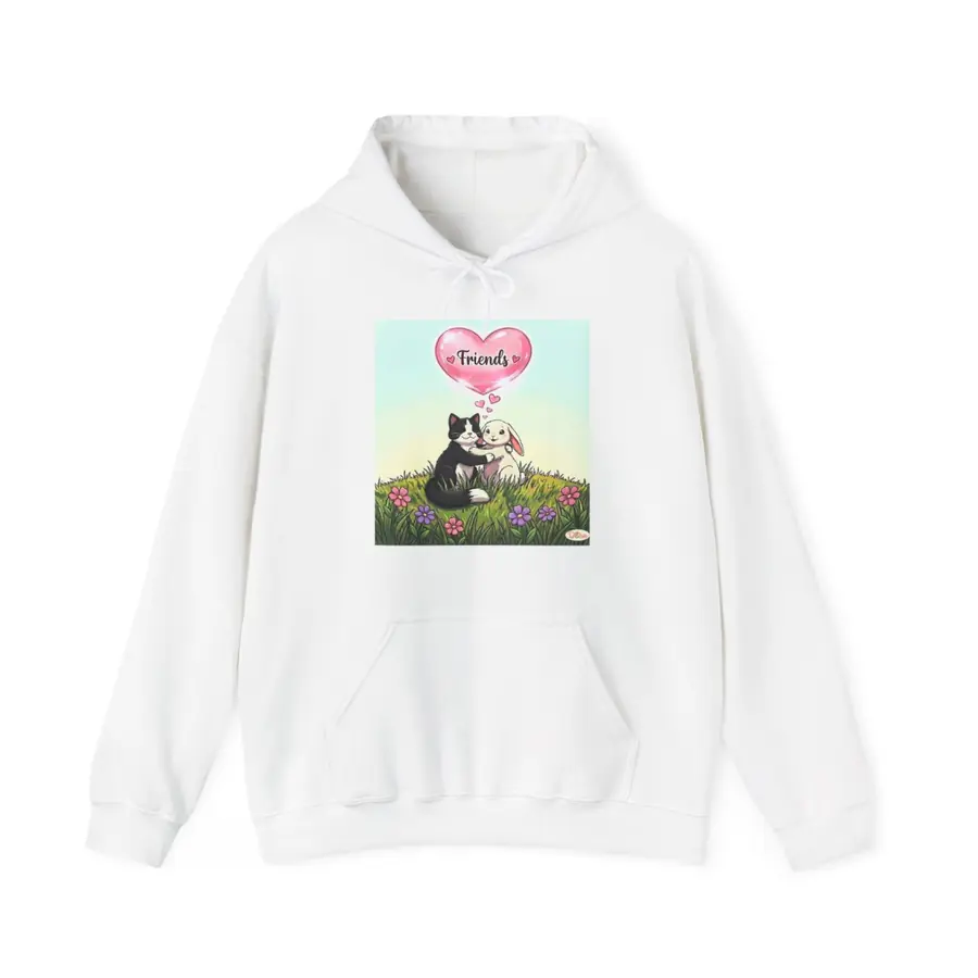 White hoodie with the Cat and Bunny Friends artwork on the chest