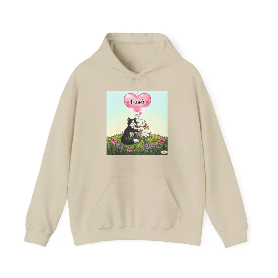 Sand hoodie with the Cat and Bunny Friends artwork