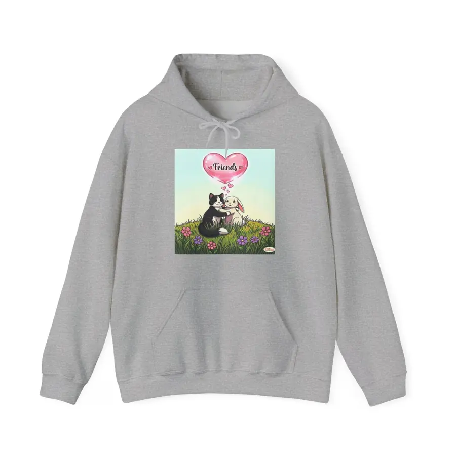 Sport grey hoodie with the Cat and Bunny Friends artwork