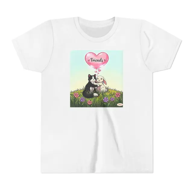 White youth t-shirt with the Cat and Bunny Friends artwork