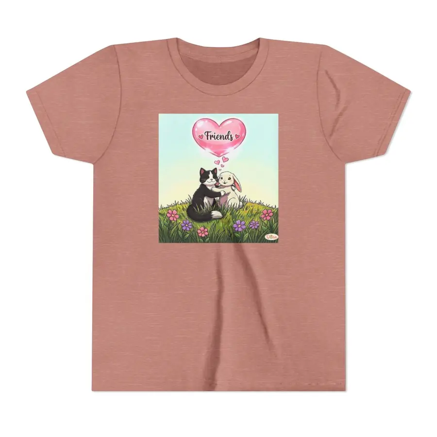 Heather mauve youth t-shirt with the Cat and Bunny Friends artwork