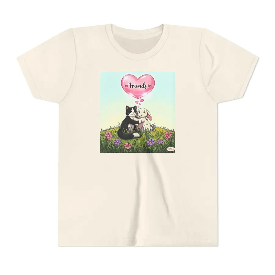 Natural youth t-shirt with the Cat and Bunny Friends artwork