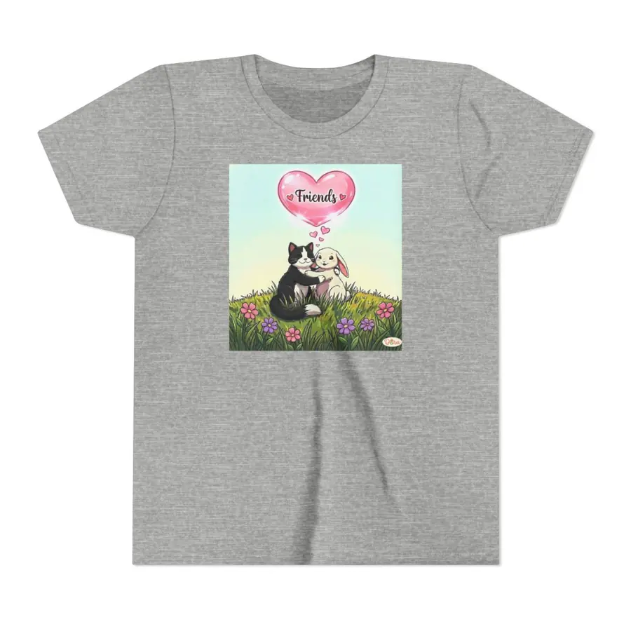 Grey youth t-shirt with the Cat and Bunny Friends artwork