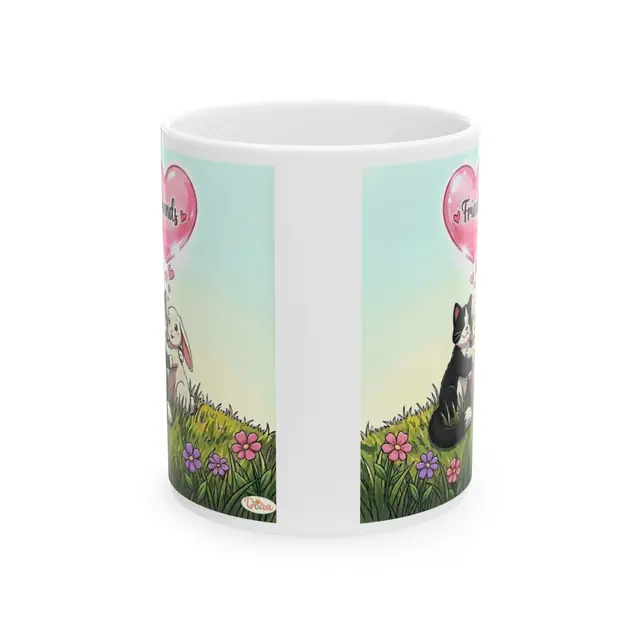 White ceramic mug printed with Dora’s Cat and Bunny Friends artwork