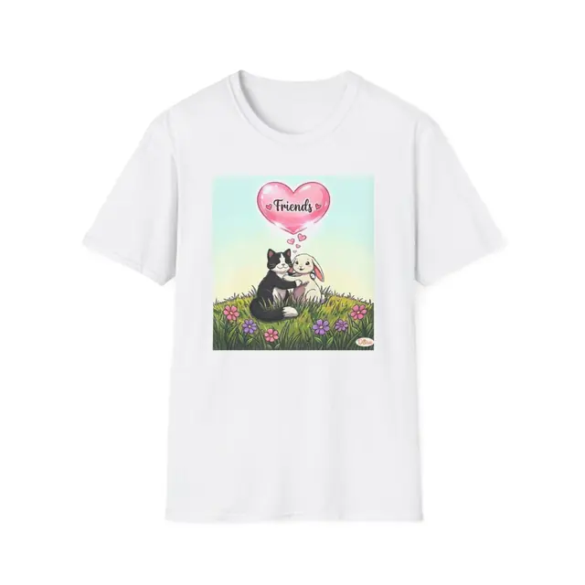White t-shirt with the Cat and Bunny Friends artwork