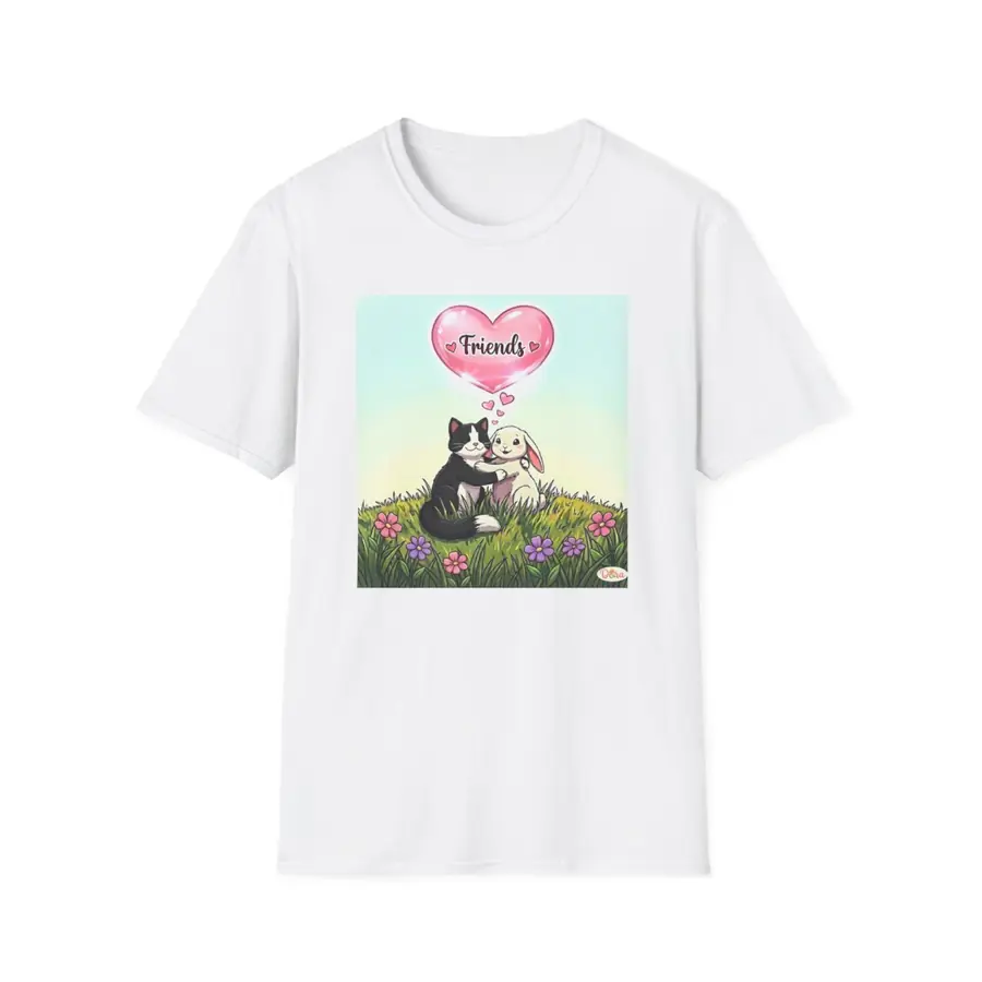 White t-shirt with the Cat and Bunny Friends artwork