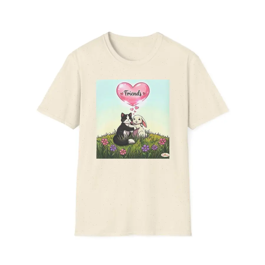 Natural t-shirt with the Cat and Bunny Friends artwork