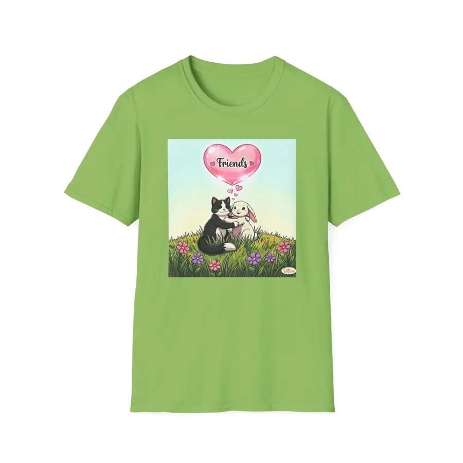 Pistachio t-shirt with the Cat and Bunny Friends artwork