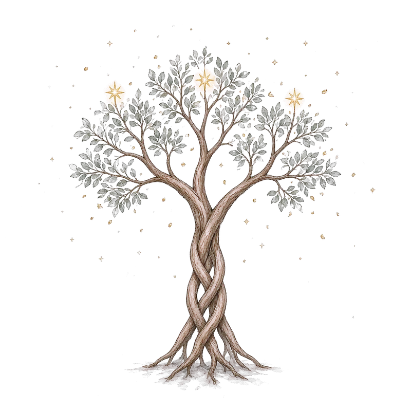 A hand-painted tree with a braided trunk opening into three branches, each topped with a small gold star