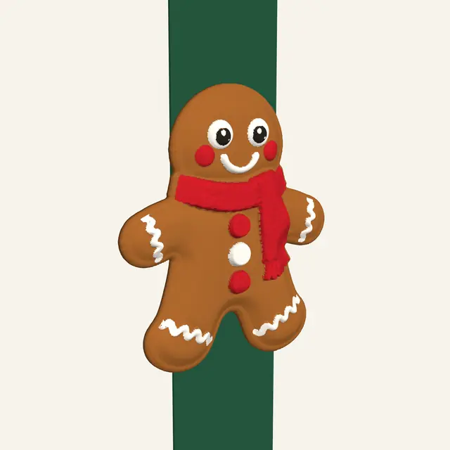 Scarf gingerbread cookie on a ribbon, front view
