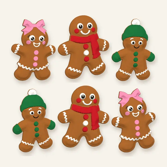 Six gingerbread cookies, two of each character